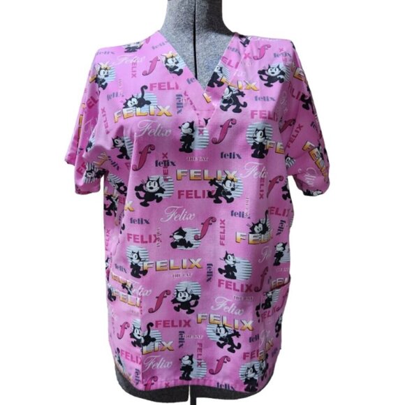 Scrub Nursing Top Lot of 2 Womens Med. Tinkerbell & Felix the Cat V Neck - Picture 2 of 12